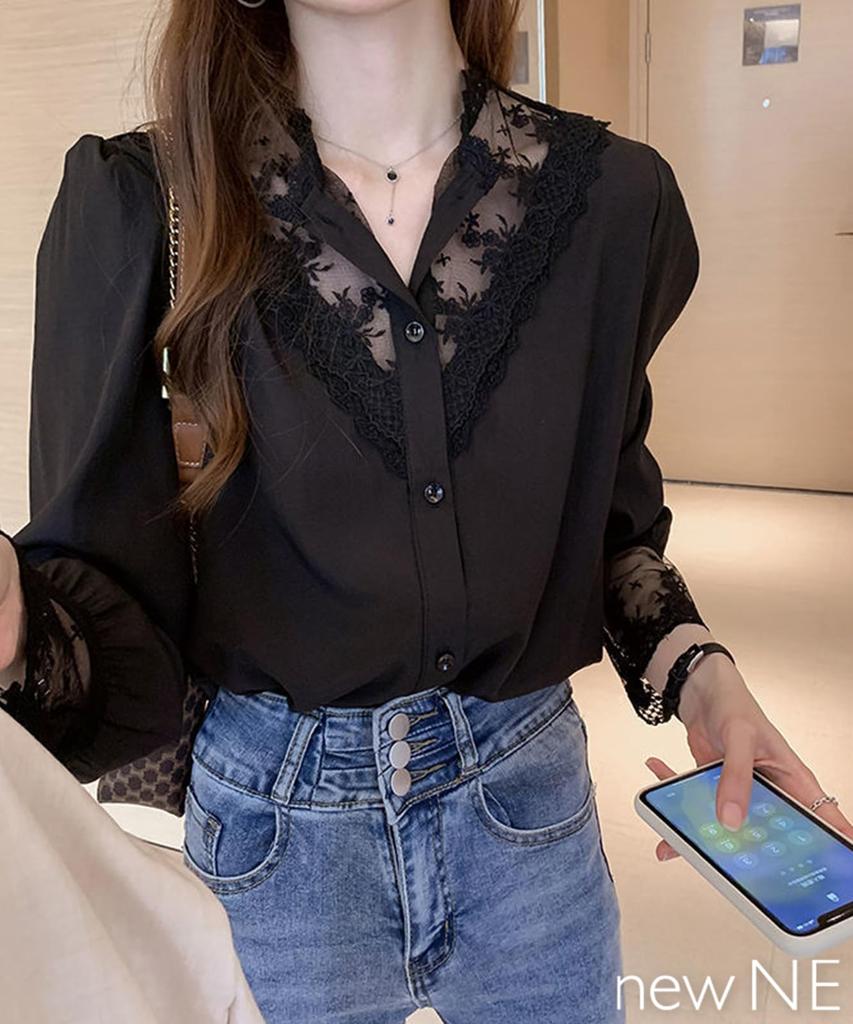 Newne Long Sleeve Office Stylish Formal Tulle Lace Special Beautiful Solid Plus Open Cool Formal Lace Women's Blouse, Wear, Top, Top, Shirt, 3/4