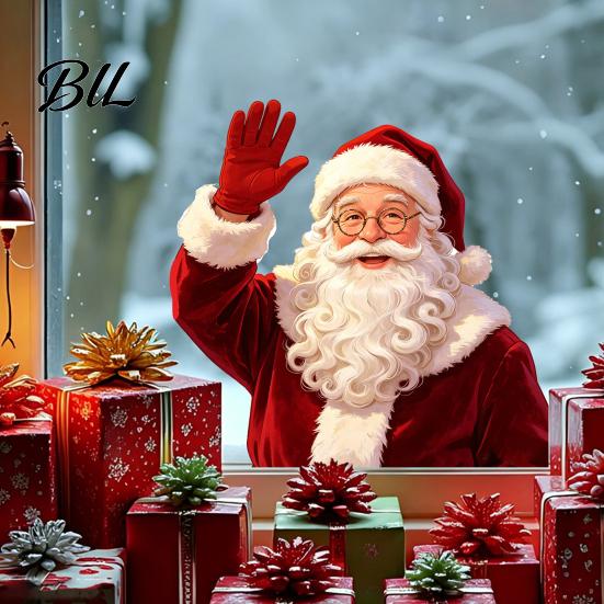 Santa Claus Decorations Christmas Static Window Clings, Waving Stickers, No?Glue Removable Decorative Gifts Glass Decal for Balcony Home Shop
