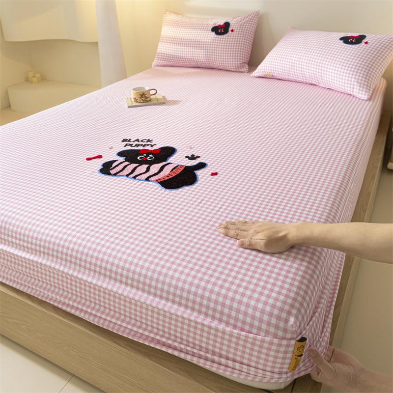 100% Cotton Cartoon Towel Embroidered Fitted Sheet A-Class Single Bed Cover For All Seasons Anti-Slip Mattress Protective Cover