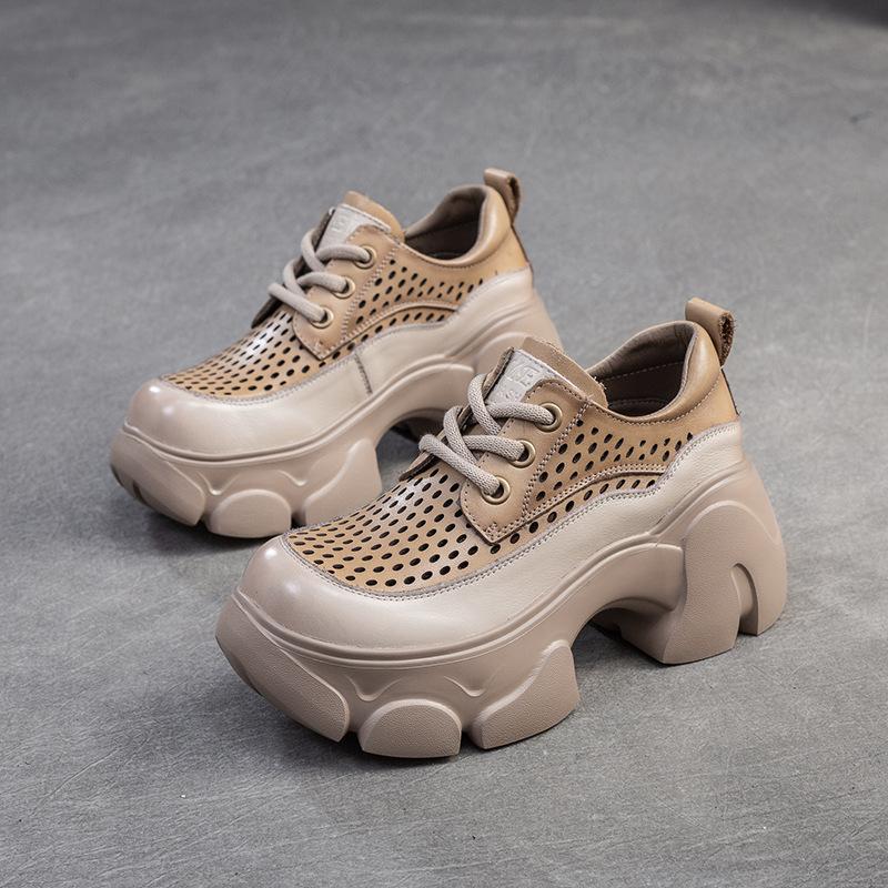 Fashion 7CM Women Chunky Platform Shoes Summer Hollow Out Breathable Genuine Cow Leather Round Toe Thick High Heel Casual Shoes