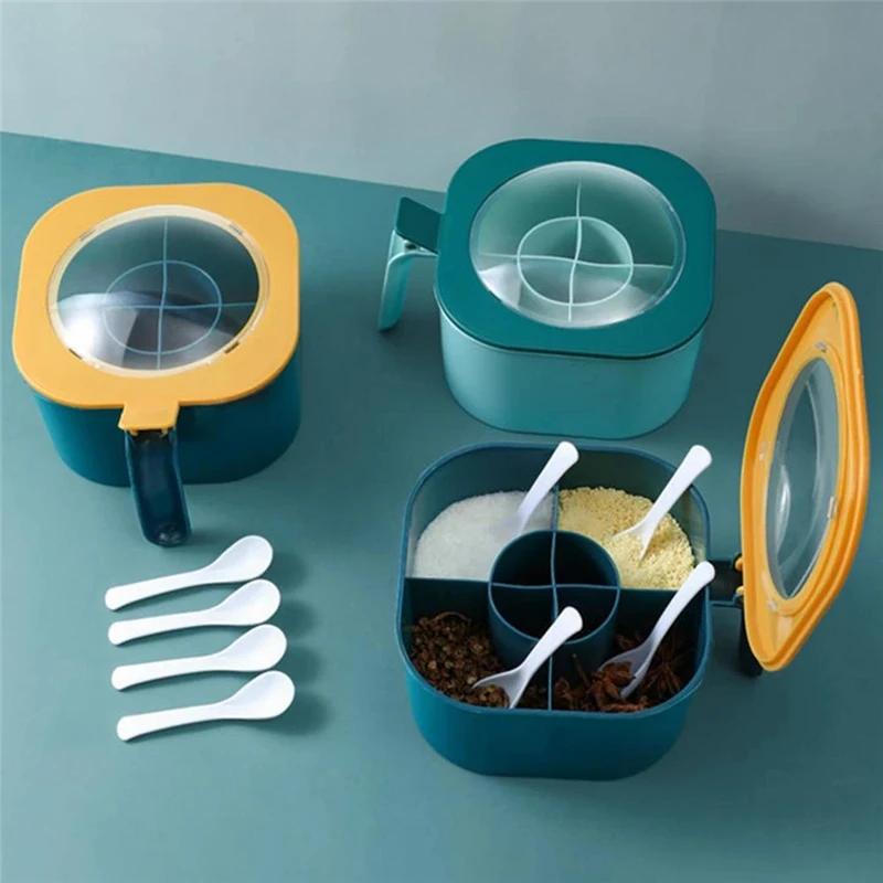 1 ensemble de boîtes d'assaisonnement hermétiques de grande capacité avec cuillères à poignée, pot à épices multi-grilles 4 en 1, récipient de stockage de condiments de cuisine