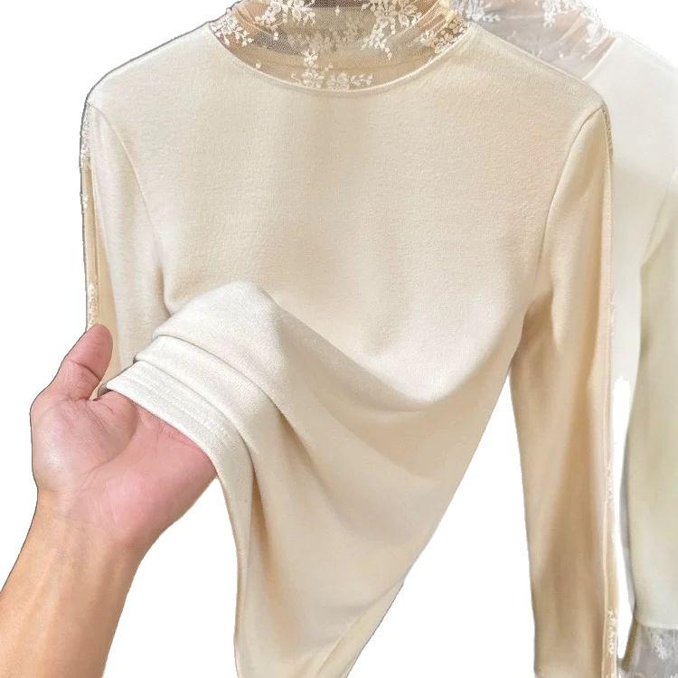 Damen Hochhals Spitzen-Patchwork Lagen-Langarm-T-Shirt für den frühen Herbst
