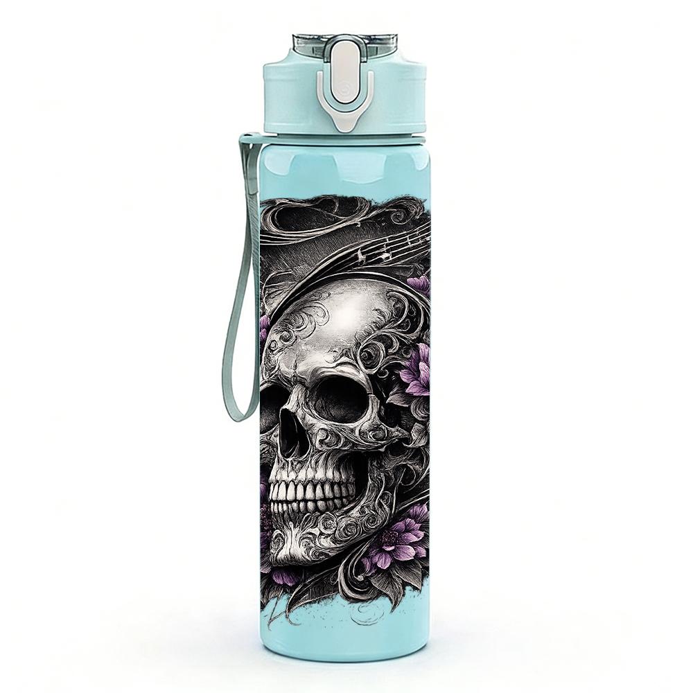 1PC Floral Vine Wrapped Dark Skull Bust 750ml Color Plastic Water Bottle Leakproof Flip Straw Lid For Sports Office Home Use