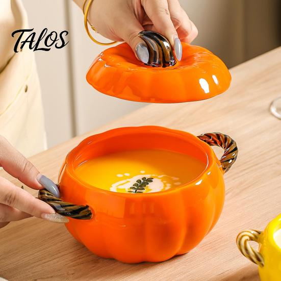 Practical Kitchen Gift for Home Pumpkin Soup Bowl with Lid And Double Handle, Microwave Safe Decorative Thanksgiving Tableware Ceramic Bowl,
