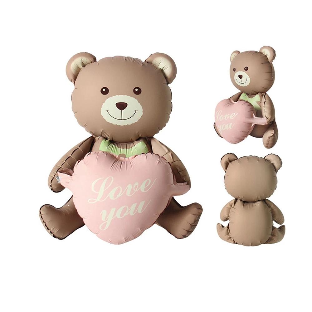 3D Matte Standing Bear Foil Balloons Bear Hold Heart Wedding Birthday Party Decoration Balloons Gifts Supplies