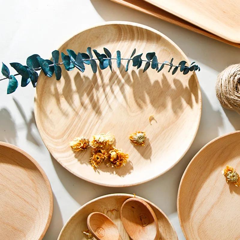 1Pc Round Wooden Plate Snack Dessert Plate Serving Tray Cake Fruit Dishes Food Plate Appetizer Tray Wooden Utensils Tableware