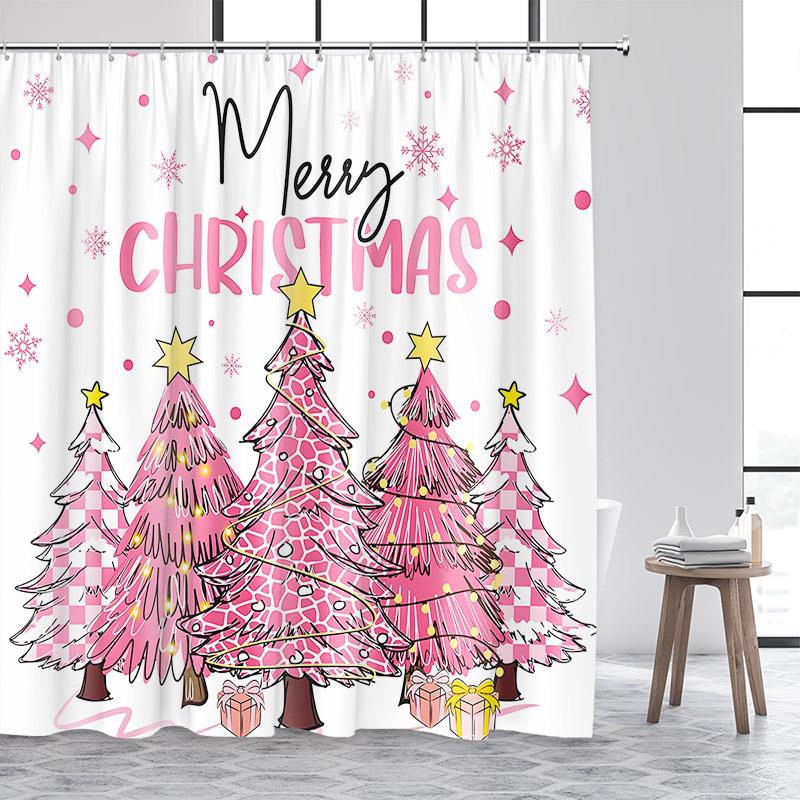 Blue Christmas Tree Shower Curtain Winter Snowflake Pine Trees New Year Christmas Bath Curtains Fabric Bathroom Decor With Hooks