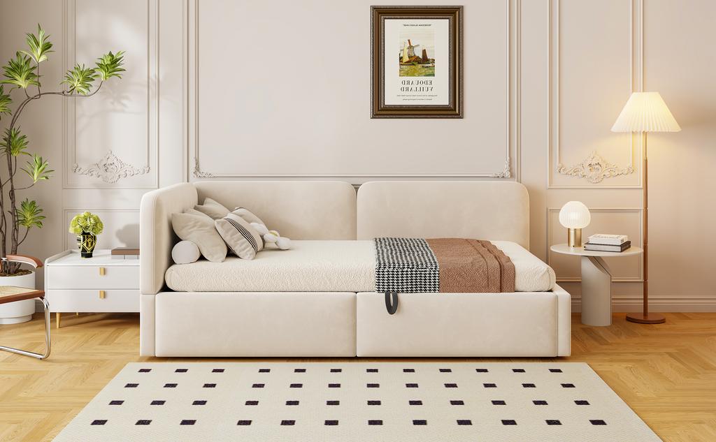Letto imbottito 90x200 divano letto, velluto, contenitore idraulico, testiera alta, schienale intercambiabile, adatto per bambini e adulti, beige