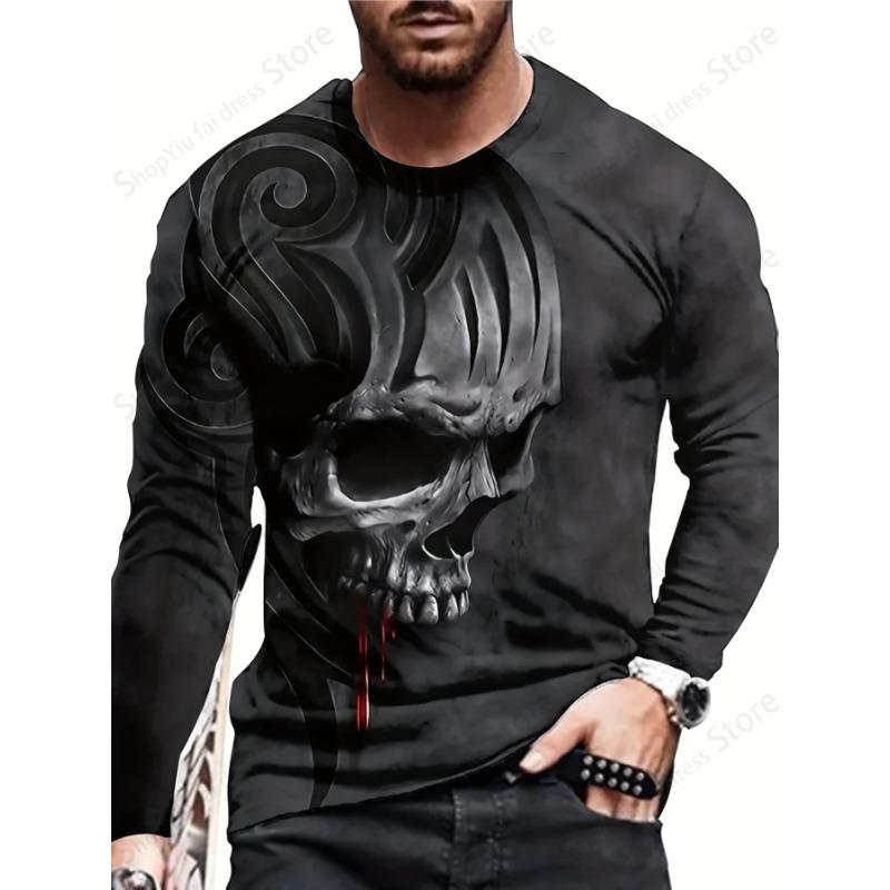Halloween 3d Skull Skeleton Graphic Print  Long Sleeve T-shirts Fashion Hip Hop Tops Horror Men's T-shirts