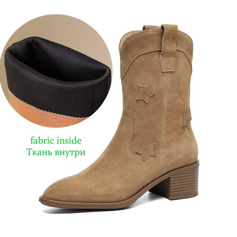 Krazing Pot Cow Suede Nubuck Winter Round Toe Modern Boots Med Heels Slip On Five-Star Decoration Women Mid-calf Boots