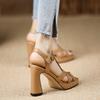 Handmade Women'S Shoes Summer Word With Square Head Heightening Sandals Waterproof Table Thick Heel High Heel Full Leather Apricot Women