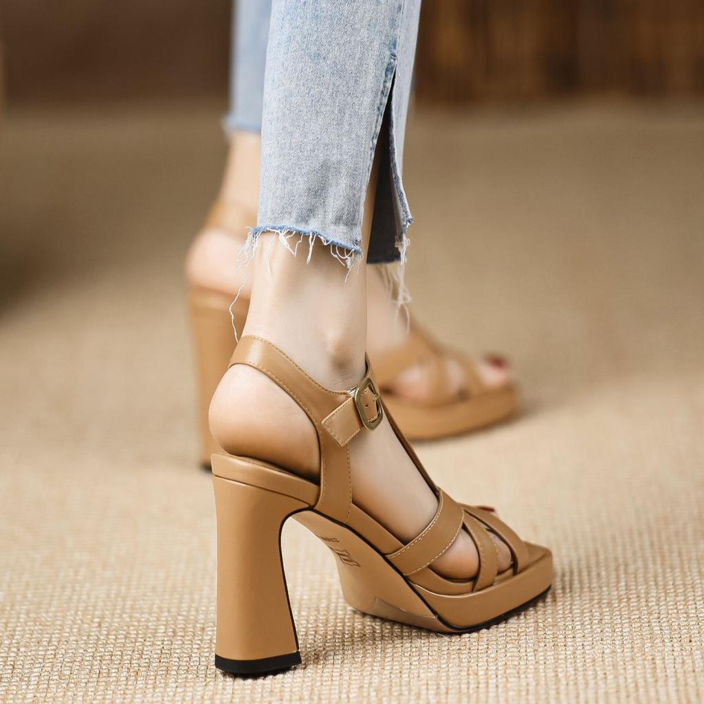 Handmade Women'S Shoes Summer Word With Square Head Heightening Sandals Waterproof Table Thick Heel High Heel Full Leather Apricot Women