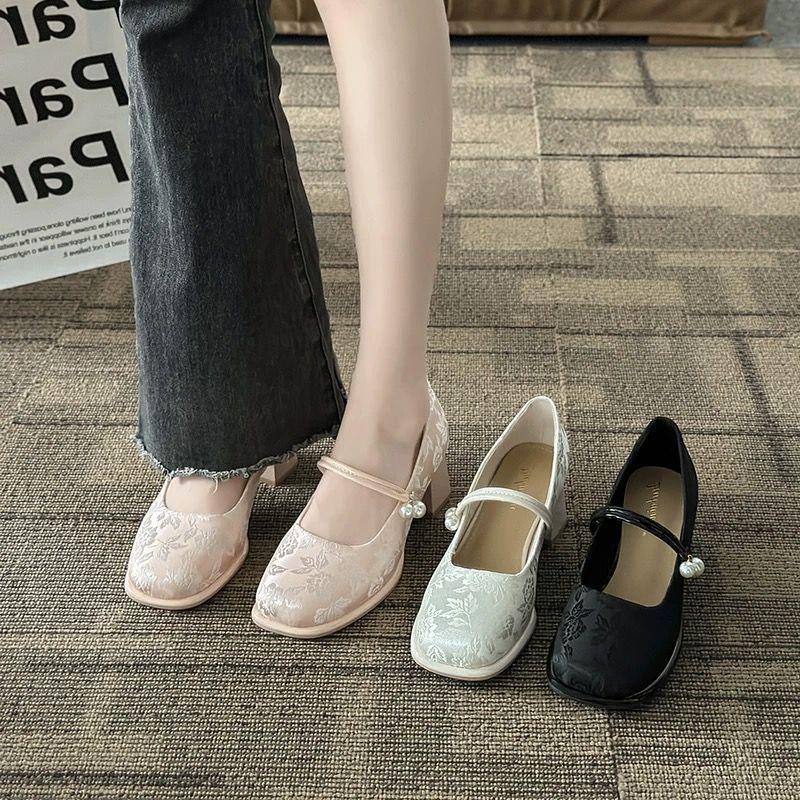 Increase height and show leg length temperament pearl single shoes summer new Chinese style national style with cheongsam temperament high heels