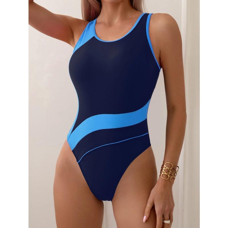 

Сексуальный купальник контрастного цвета пэчворк женский цельный купальник 2025 новый с открытой спиной женский купальный костюм с вырезами монокини мухер XL синий