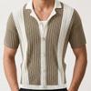Mens Color Block Knit Short Sleeve Lapel Button Cardigan Shirt