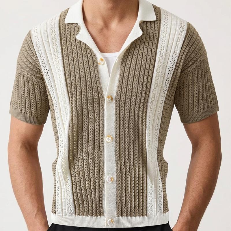 Mens Color Block Knit Short Sleeve Lapel Button Cardigan Shirt S