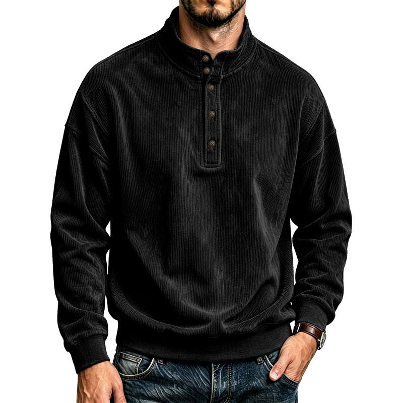 Sweatshirt Henley Homme Côtelé Lourd Col Montant Demi-Patte Boutonnée Pull Coupe Ample Manches Longues Hauts Décontractés Automne Hiver Hoodie Quotidien
