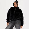 Womens Faux Fur Short Puffer Jacket With Stand Collar Warm Thick Fleece Lined Zip-Up Coat Winter