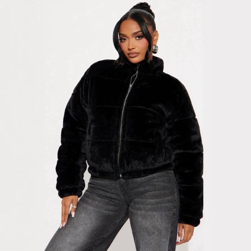 Womens Faux Fur Short Puffer Jacket With Stand Collar Warm Thick Fleece Lined Zip-Up Coat Winter