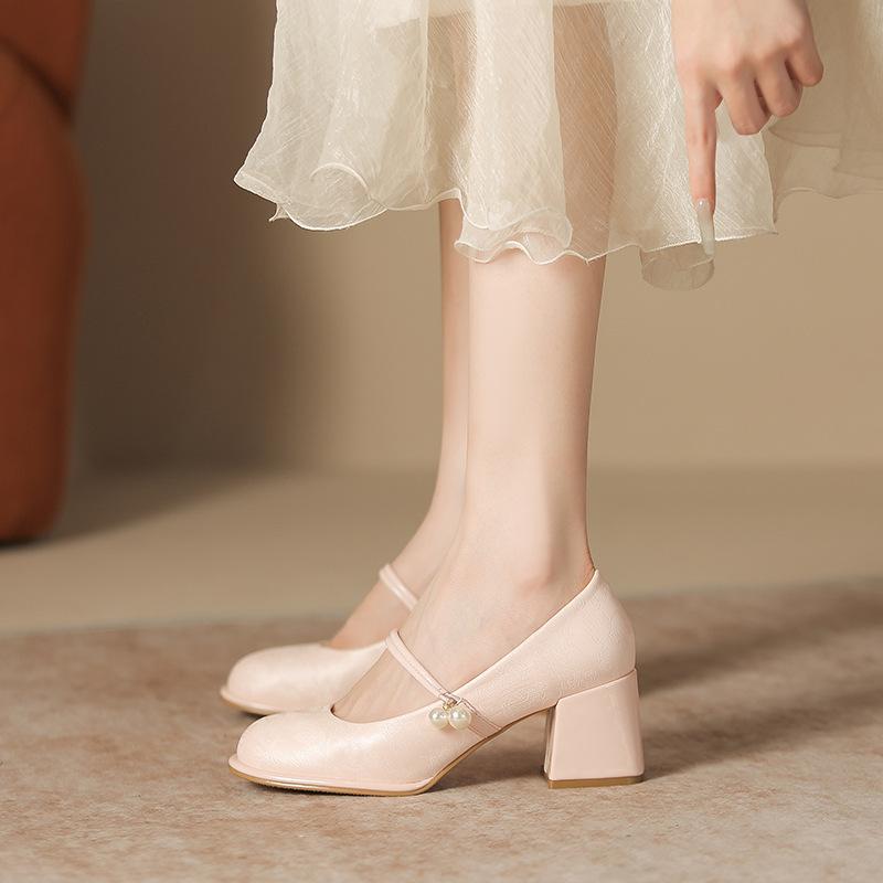 Coarse Heel Mary Jane Single Shoes Women's Round Head Pearl Single Shoes Student Light Mouth Pink Women's Shoes