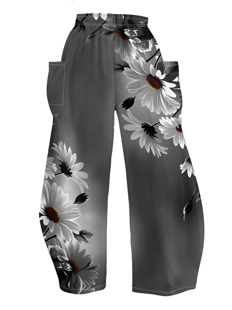 Women's Standard Size Fashion Loose Wide-Leg Pants, High-Waisted Draped Slim-Fit Daisy Print Casual Trousers