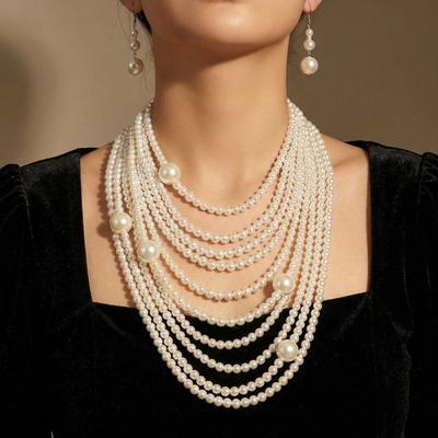 Layered Imitation Pearl Necklace Elegant Multilayered Necklace Beaded Necklace  Party Accessories