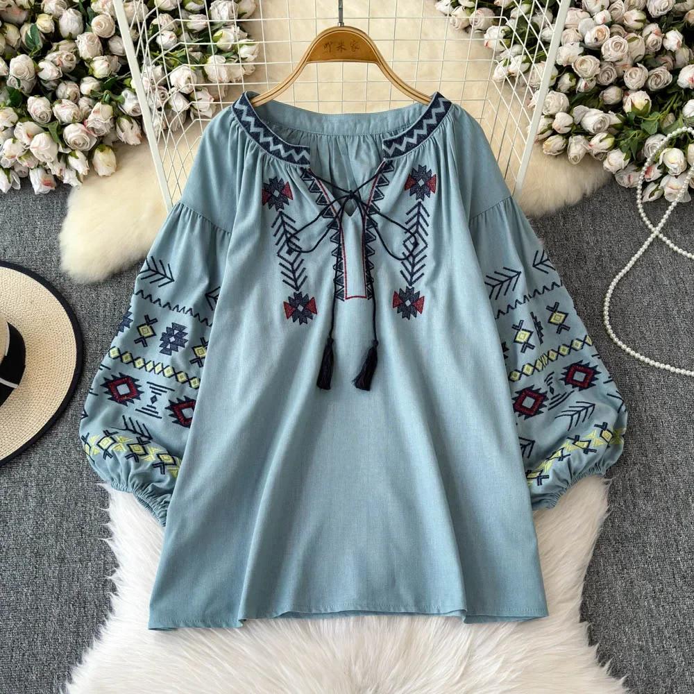 Jesień Zima Nowe Vintage Etniczne Bluzki Haft Luźny Dekolt V Nadruk Ropa Mujer Frędzle Sznurowanie Casualowa Koszula w Stylu Francuskim