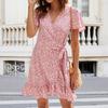 Boho Floral Wrap Dress for Women V Neck Short Sleeve Short Swing Dress