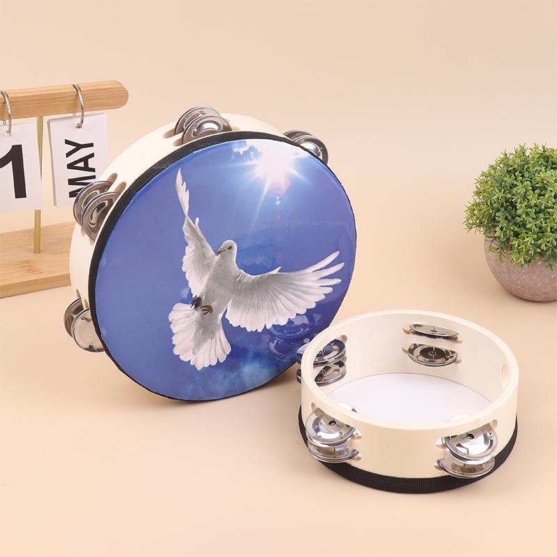 Wood Tambourine Hand Crank Drums Double Row Metal Jingles Stainless Steel Percussion Musical Instrument Orff Tambourine