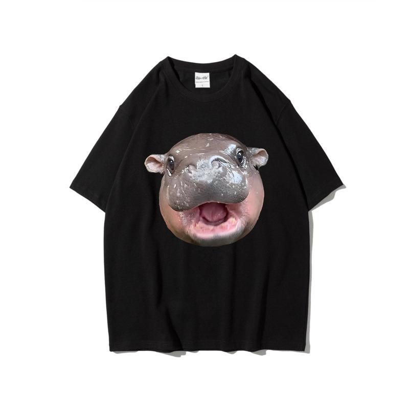Fun Printed Moo Deng Bouncing Pig Casual T Shirts Trend Loose Cotton Short Sleeved Round Neck Top