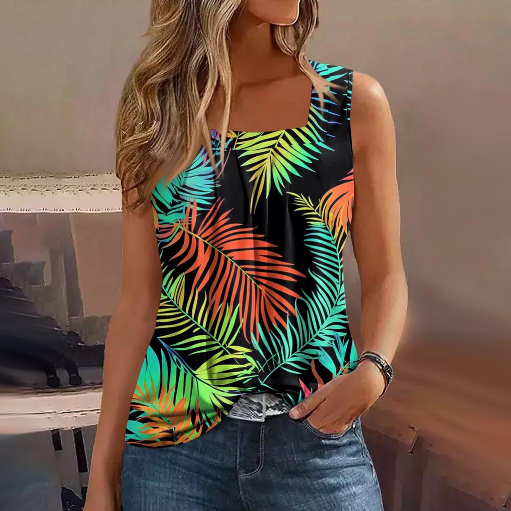 Damen Sommer Casual Plissee Quadratischer Ausschnitt Ärmelloses Tank Top Bedrucktes T-Shirt