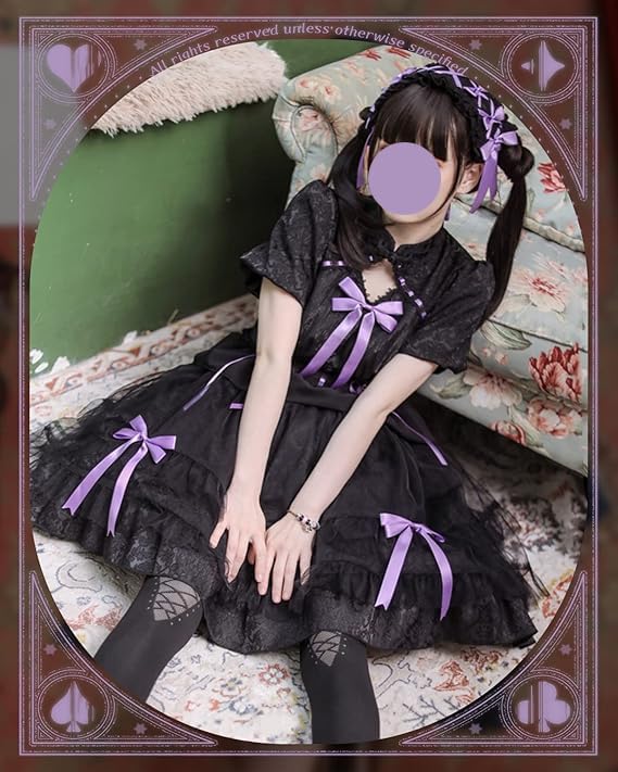 JIURUN Lolita Gothic Lolita Dress with 3D Panel Anime Bow Tie Plus Mori Sweet Gothic Cute Lady and Size One-Piece Pattern, Ruffles, Joints, Cosplay,