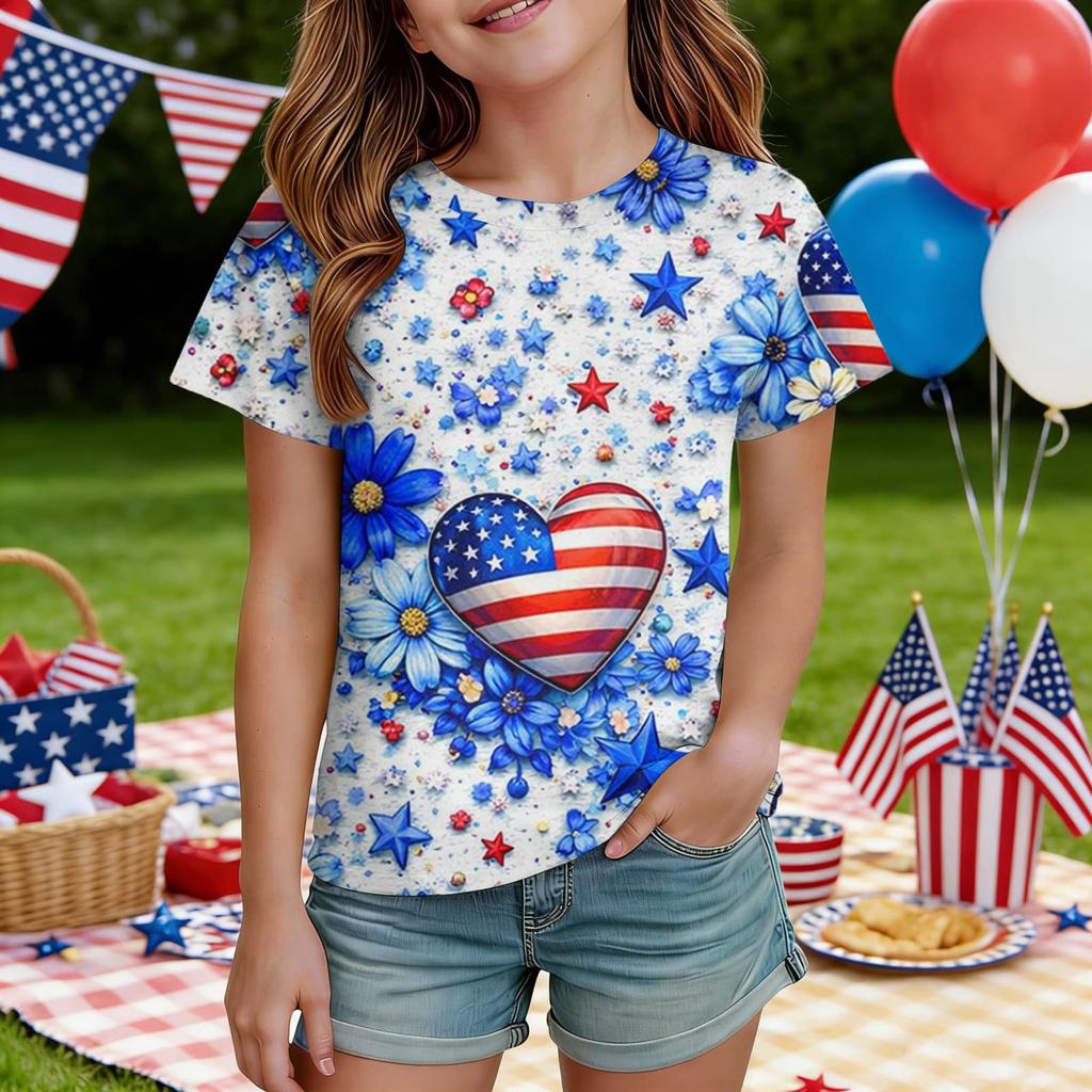 Kids Independence Day Print Round Neck Short Sleeve Casual T-shirt