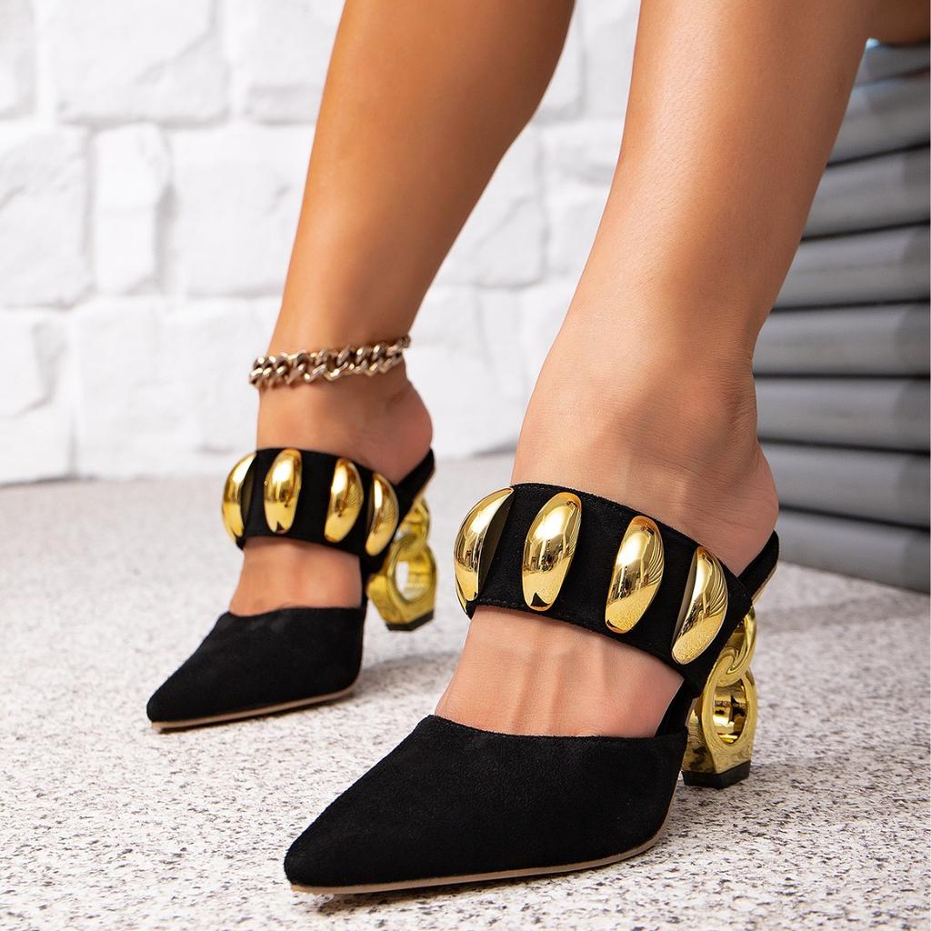 Fashion Black High-heeled Sandals with Irregular High Heels and Gold Buckle Decoration Comfortable and Simple Sandals for Women