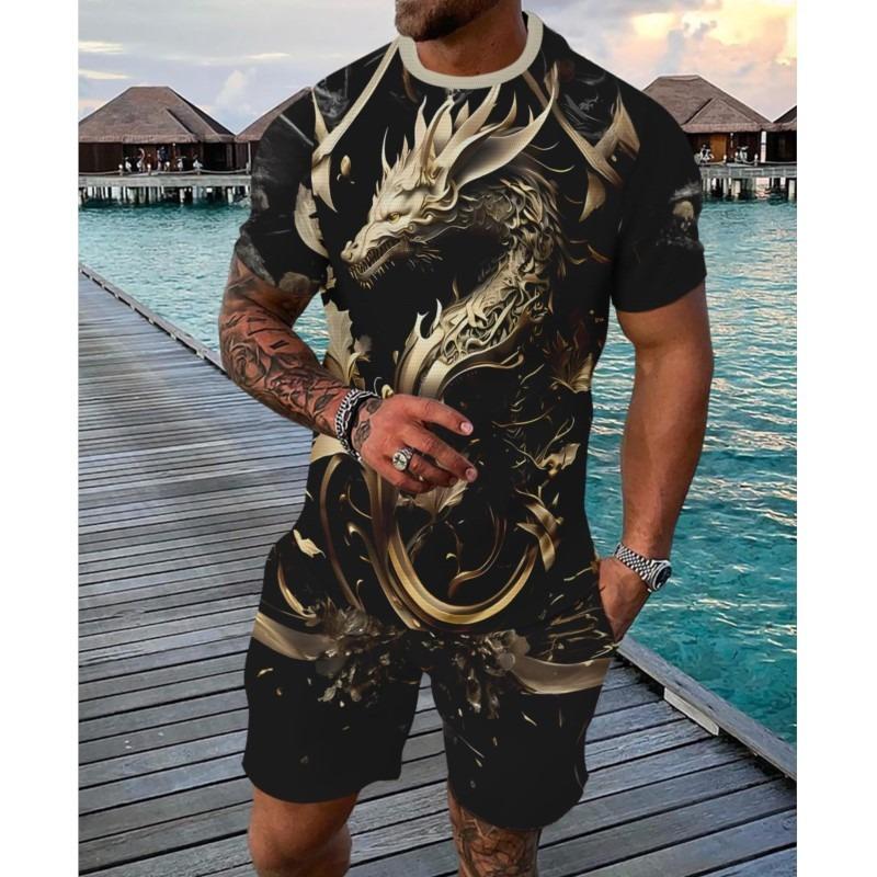 Golden Dragon Casual Sports Suit Breathable Outdoor Casual Men's T-shirt Five-point Pants Set