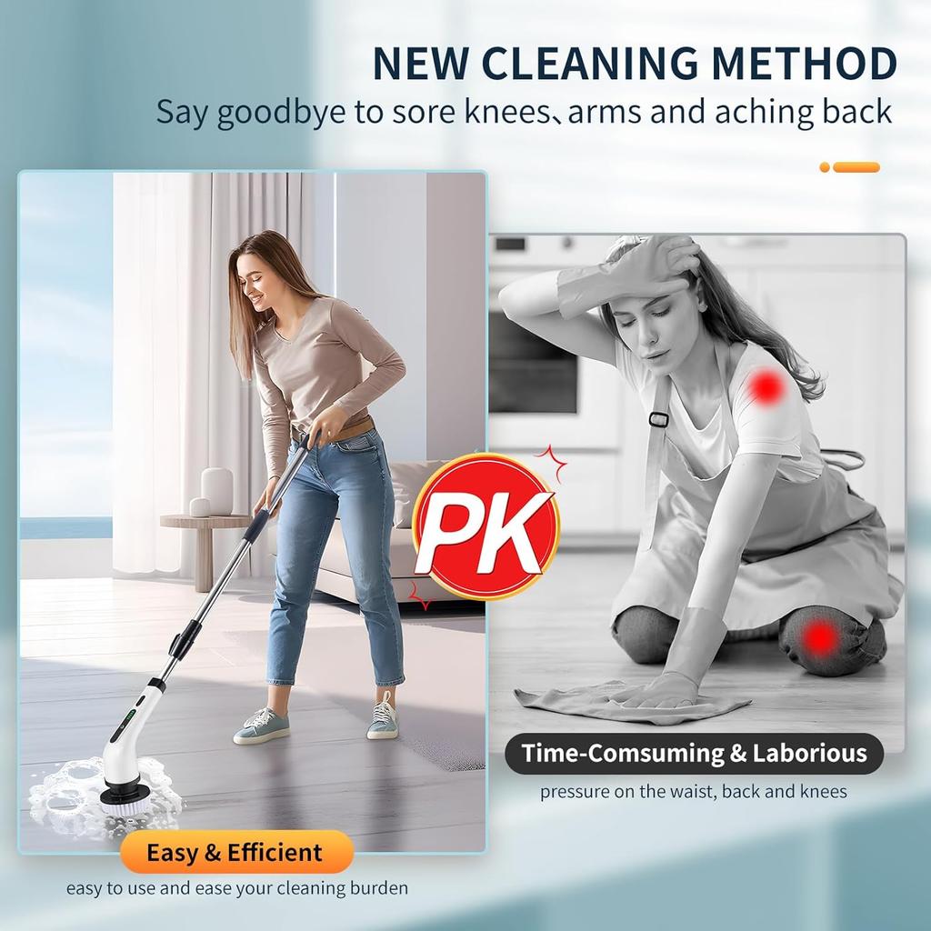 2025 Electric Rotating Floor Scrubber, Rechargeable Cleaning Brush, Shower Floor Scrubber, with 9 Brush Heads, 2H Power Dual Spe