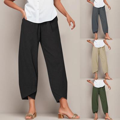 Women Casual Pants Loose Comfort Elastic Waist Harem Pants Vintage Solid Casual Pockets Wide Leg Trousers Cropped Pantalones