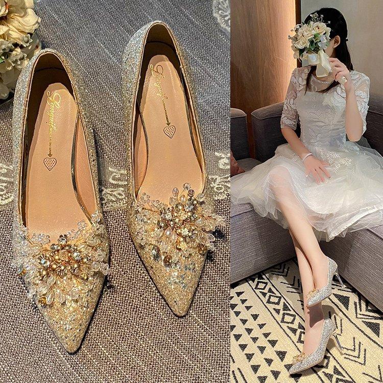 Champagne Gold Two in One Thin High-heeled Bridal Wedding Shoes Crystal Shoes Wedding Dress High Heels Women's Pumps