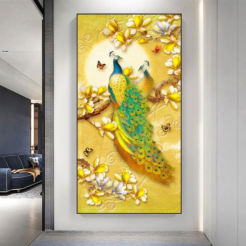 New Chinese Style Light Luxury Peacock Phoenix Canvas Painting Wall Art Abstract Golden Animal Posters for Porch Room Wall Decor