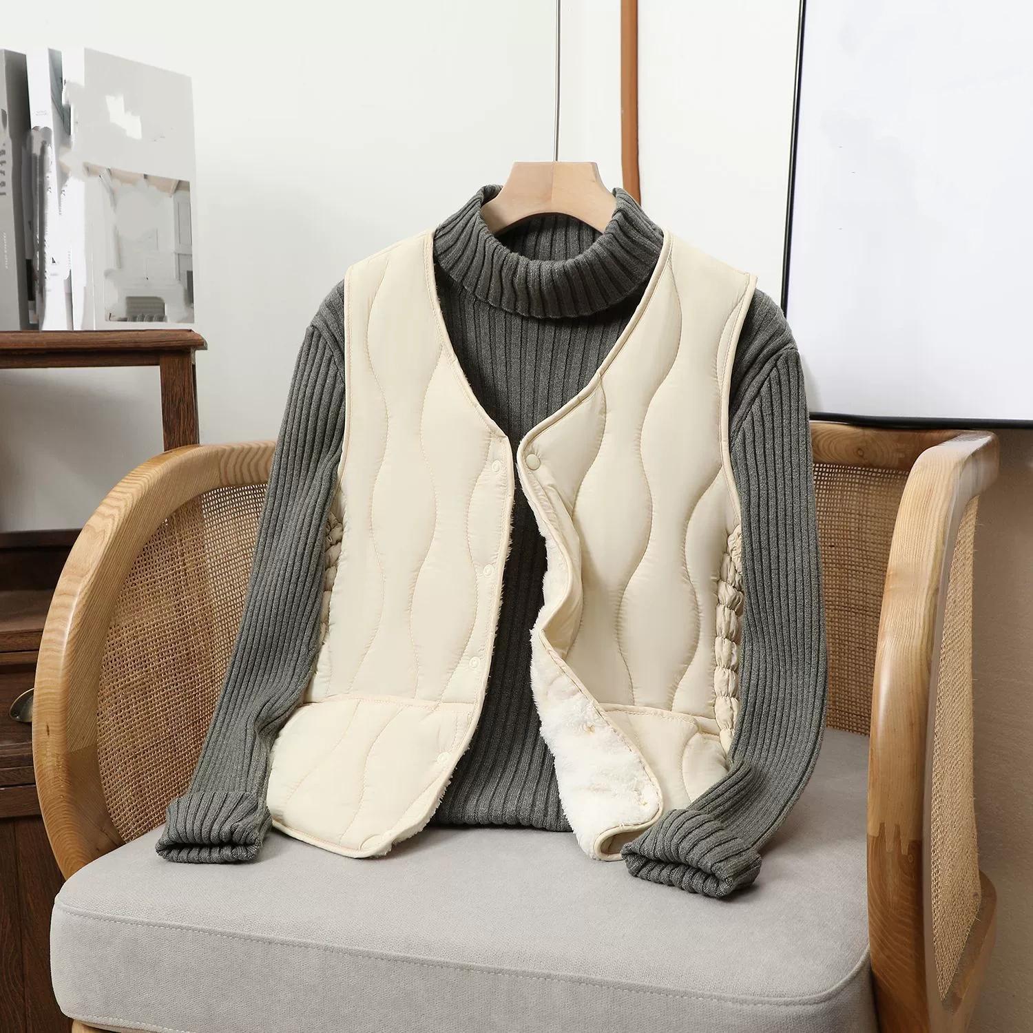 

Женский короткий пуховый жилет большого размера с утолщенной подкладкой из плюс-велюра, прилегающий, для ношения под одеждой, теплый жилет S бежевый