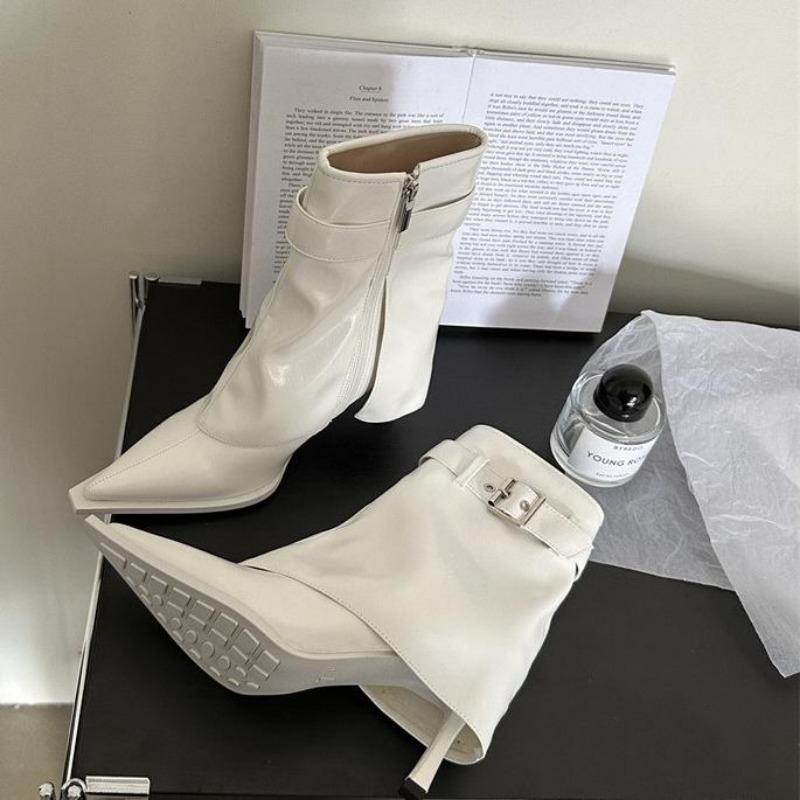 New Design Denim Buckle Thin Heels Ankle Boots Zipper Pointed Toe Banquet Women Shoes Zapatillas Mujer