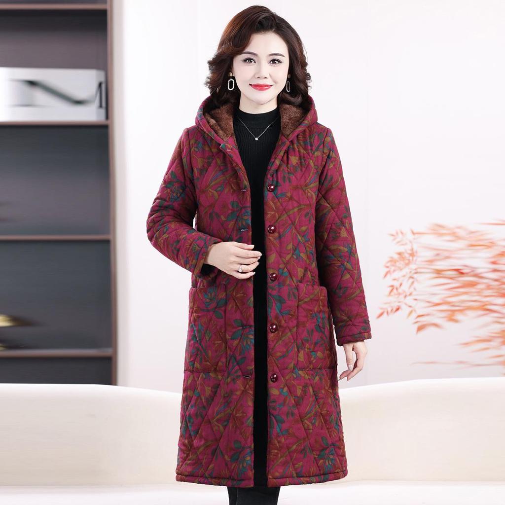 Stylish and Warm Mid-Length Floral Cotton Jacket for Middle-Aged Women, Plus Velvet, Thickened for Winter