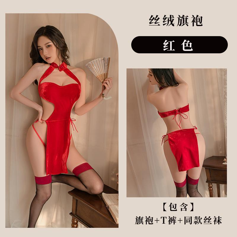 Sexy lingerie women's sexy hot lace-up cheongsam split-ended hot long dress pajamas uniform set