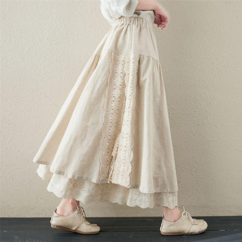 Japanese Mori Girl Linen Half Skirt: Women's Elastic Waist, Heavy Embroidery, Mid-Length A-Line Design.