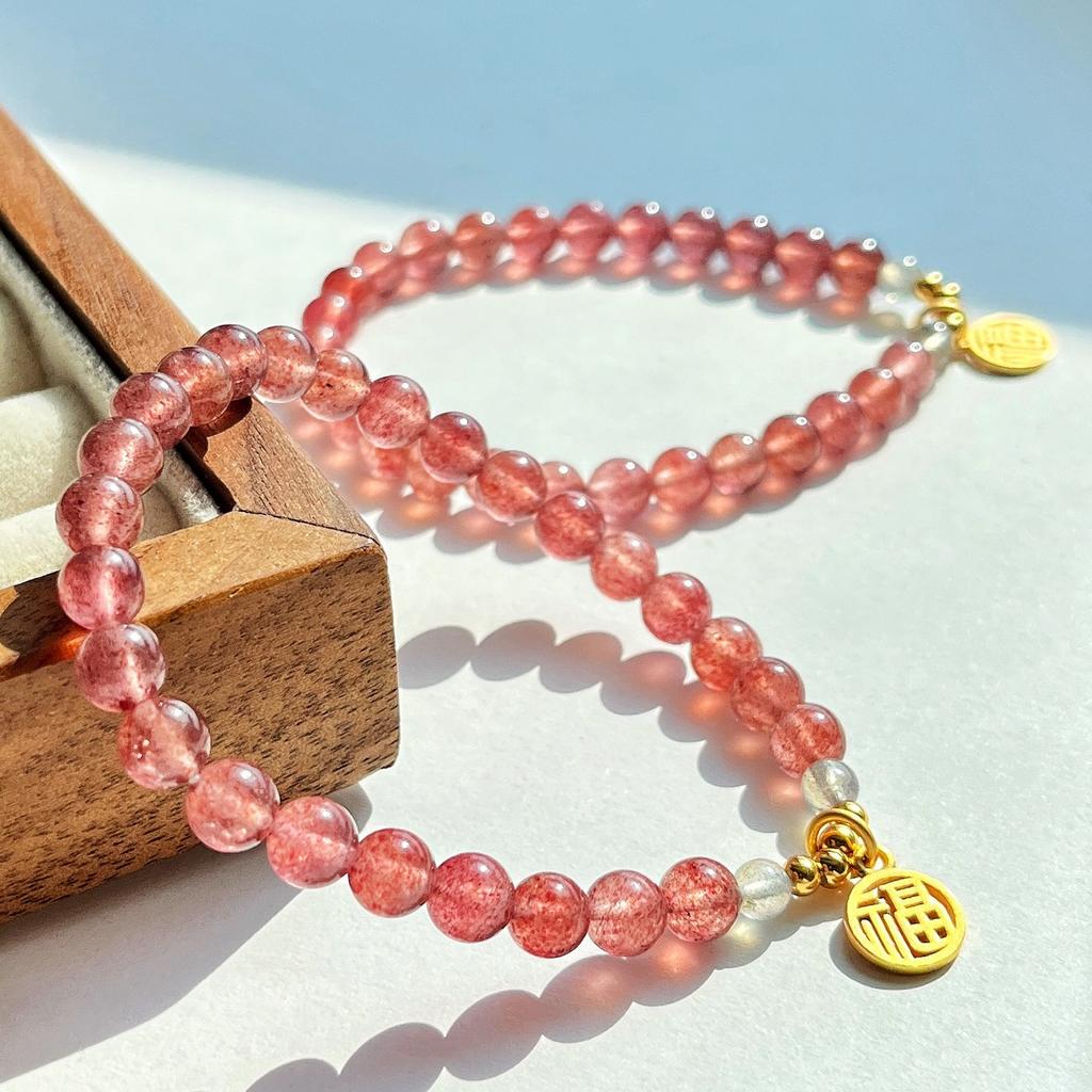 925 Silver 6Mm Pigeon Blood Red Natural Strawberry Crystal Bracelet Bracelet