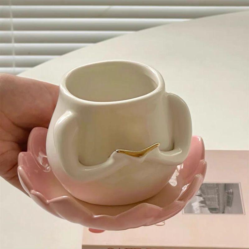 Creative Ceramic Coffee Cup Saucer Lotus Breakfast Plate White Ceramic Breakfast Milk Mug Exquisite Afternoon Tea Flower Cup New