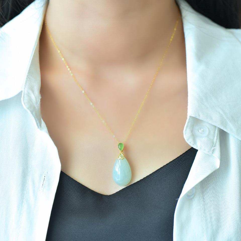 Xinjiang Hotan Jade S925 Silver Blue Water Drop Pendant Necklace with Certificate