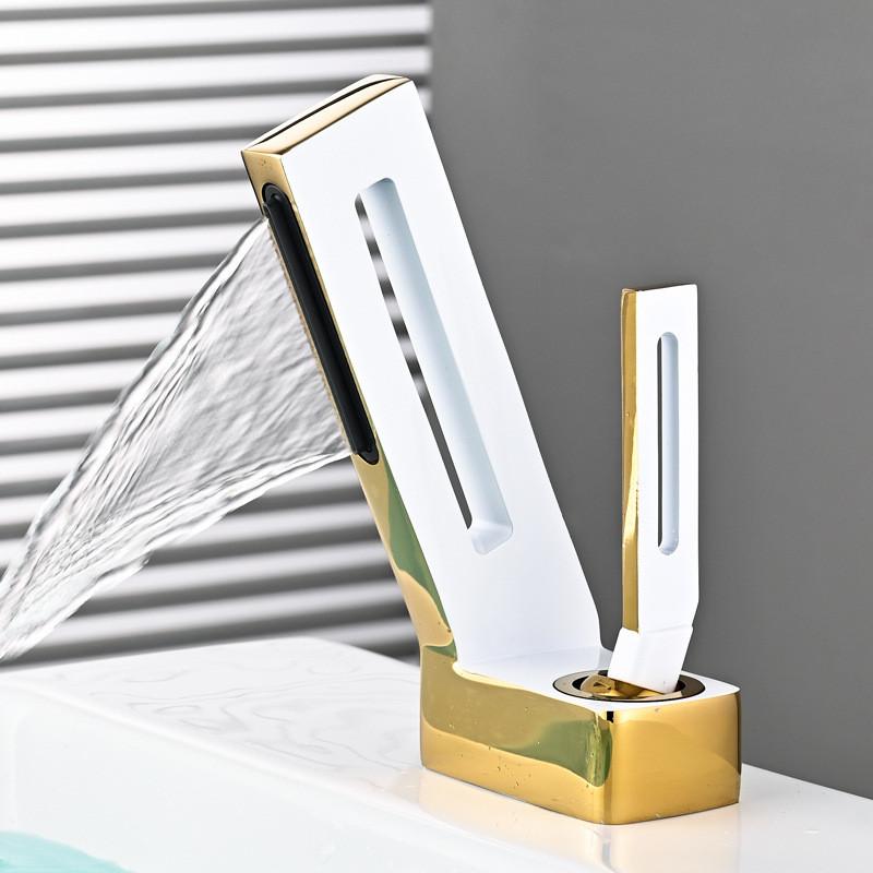 Tuqiu Bathroom Faucet Brass Gray Bathroom Basin Faucet Cold And Hot Waterfall Mixer Sink Tap Deck Mounted Black & Gold Tap