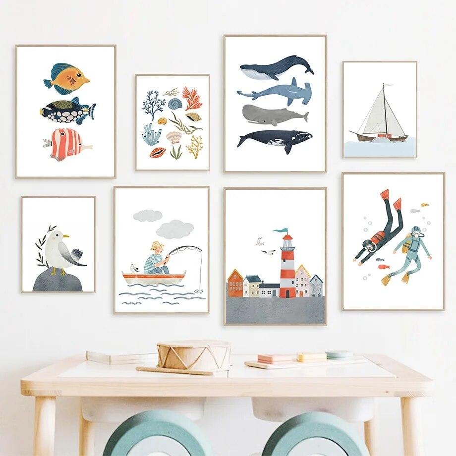 Velero, faro, ballena, concha de gaviota, buzo, cuadro sobre lienzo para pared, carteles nórdicos e impresiones, imágenes de pared, decoración para habitación de niños