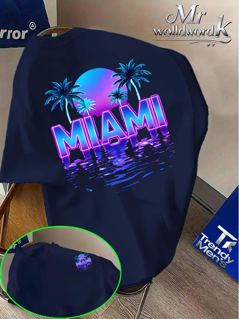 Unisex Oneck Kurzarm T-Shirt Miami Tropischer Palmenbaum Sonnenuntergang Neon Buchstaben Grafik-T-Shirts Strandurlaub Lässig Locker Tägliche Oberteile